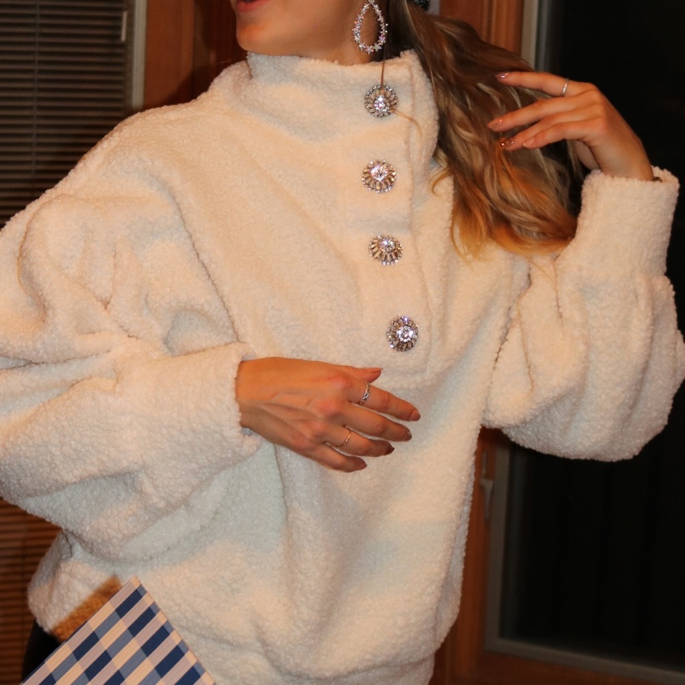 Cozy Jewel Embellished Button Sherpa Sweatshirt